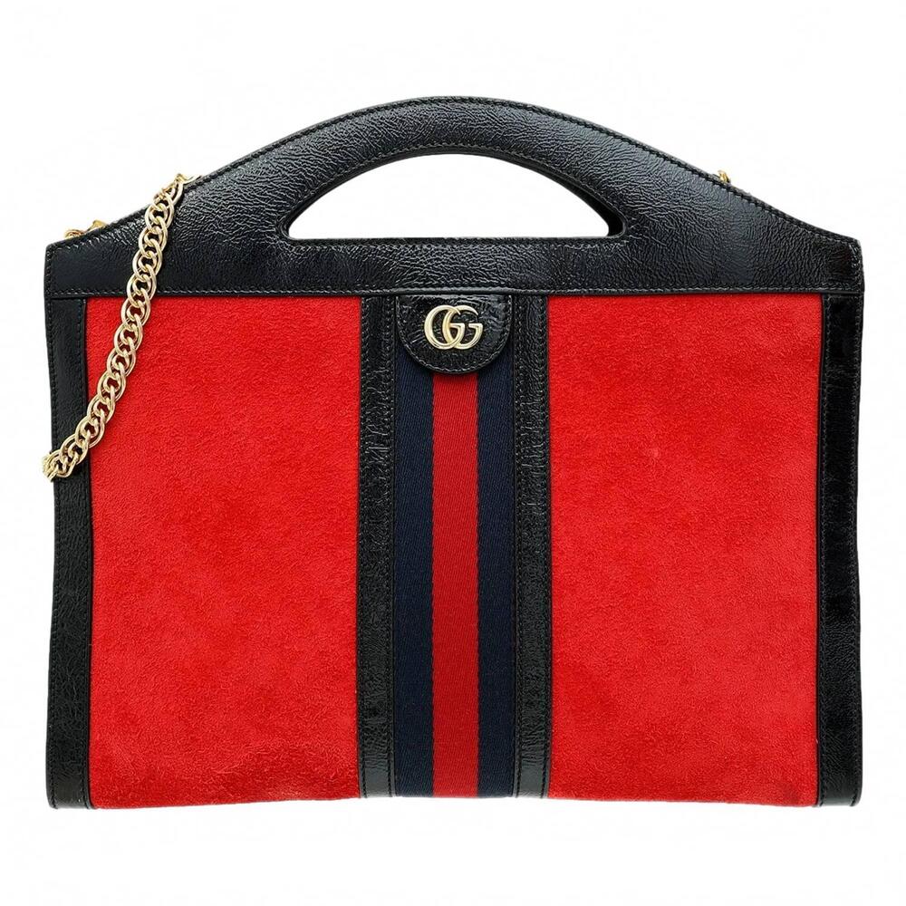NEW GUCCI women's ophidia bicolor leather slip handle tote bag in red suede blac